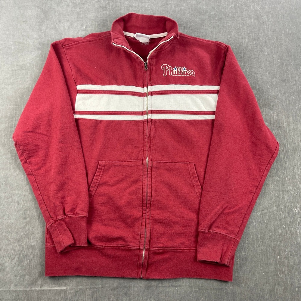Philadelphia Phillies Majestic Mens Large Red Full Zip Sweatshirt Striped MLB